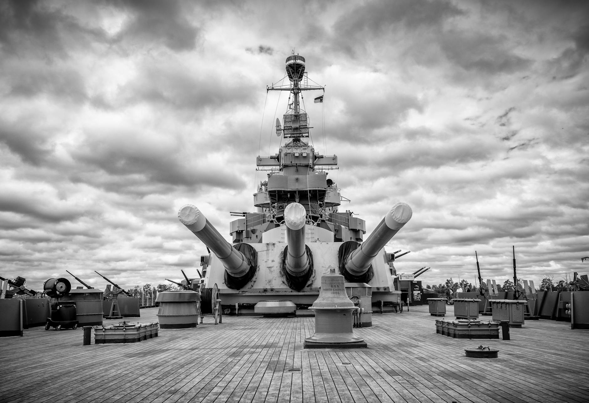 monochrome photo of battleship