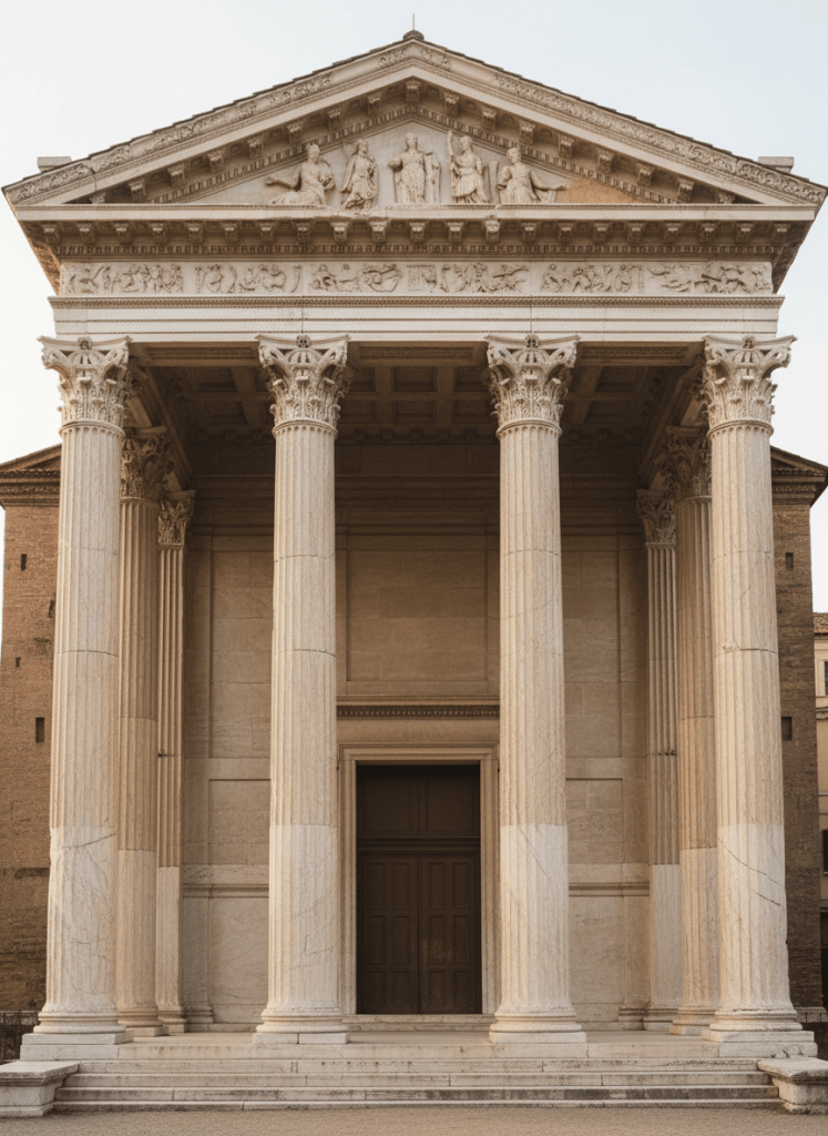 Fluted marble columns of a classical Roman temple facade in soft daylight
